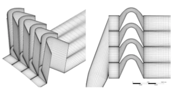 Fig.  1  Surface  grid  and  grid  at  mid-span 다.  Table  1에  계산에  사용된  모델  터빈의  노즐 과  로터  블레이드에  대한  간단한  형상  데이터가  나와  있다