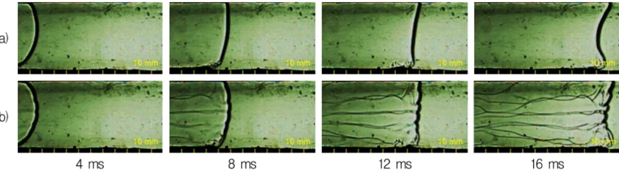 Fig.  4  Evolution  of  flame:  (a)  without  standing  wave,  (b)  agitated  by  standing  wave[14]
