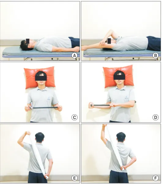 Fig. 2. Active assistive range of motion  exercise for flexion (A, B), external  rota-tion (C, D), and internal rotarota-tion (E, F) was  gradually allowed as the passive motion arc  increased