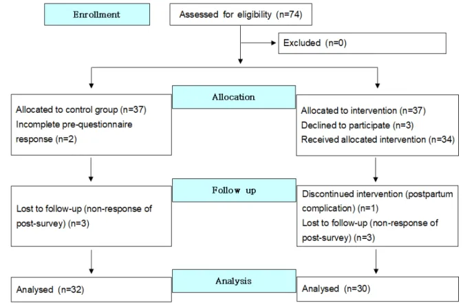 Figure 1. Flow diagram of the study participants. 합병증으로 중도 탈락 1명, 사후 조사 미응답 3명이 탈락하여  총 30명으로 구성되어 최소 표본수를 충족하였다(Figure 1)