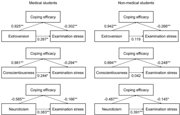 Figure 2. Mediating effects of coping efficacy in the relationship between personality traits and examination stress
