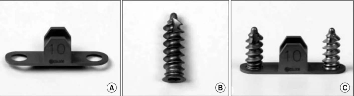 Fig. 6. Aescula open wedge plate system (A) Plate, (B) Screw, (C) Plate and screw.를 등록하였다