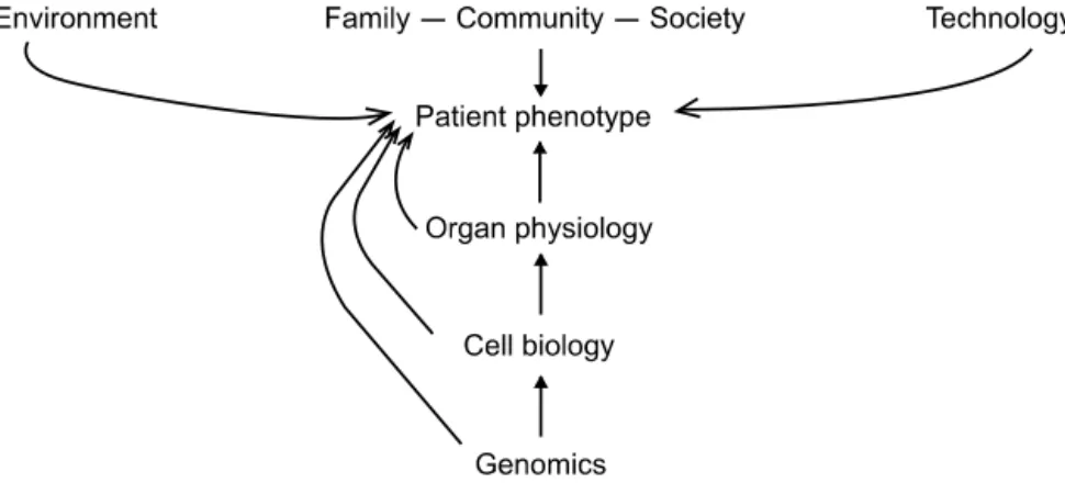 Figure 1. A patient phenotype is the sum of the internal (genome, proteome, cell, and organ) and external (environment, family, community, and society) elements of the patient.