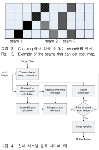 그림 3. Cost map에서 얻을 수 있는 seam들의 예시.