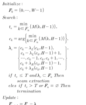 Fig. 6. Example of calculating the diffusion of the seam. 3.3.  다중  seam  추출 적응적 임계값과 확산도를 이용하여  으로부터 식(1)을 만족하는 다중 seam들을 탐색한다
