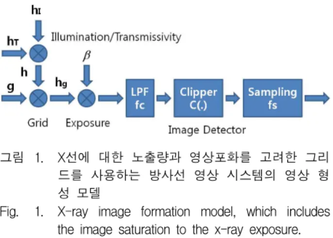 Fig. 1. X-ray image formation model, which includes the image saturation to the x-ray exposure.