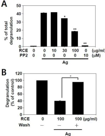 Fig.  1.  Effect  of  RCE  on  antigen-induced  degranulation  in RBL-2H3  cells.  (A)  IgE-primed  RBL-2H3  cells  (2×10 5  cells/
