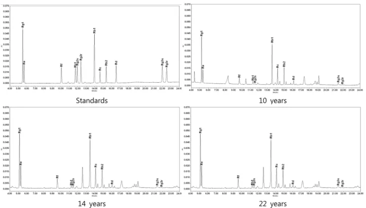 Fig. 1. The ginsenoside chromatograms of Korean red ginsengs stored for over 20 years