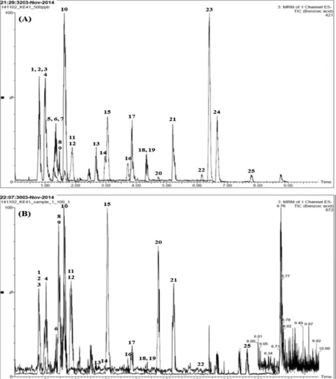 Fig. 2. Total ion chromatograms of the 25 standard solutions (A) and Onkyung-tang  decoction (B) by LC-MS/MS MRM mode.