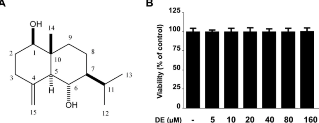Fig. 1. Chemical structure of DE (A) and effects of DE on cell viability (B). BV2 microglia were incubated for 24 hr with various concentrations of DE (5-160 µM)