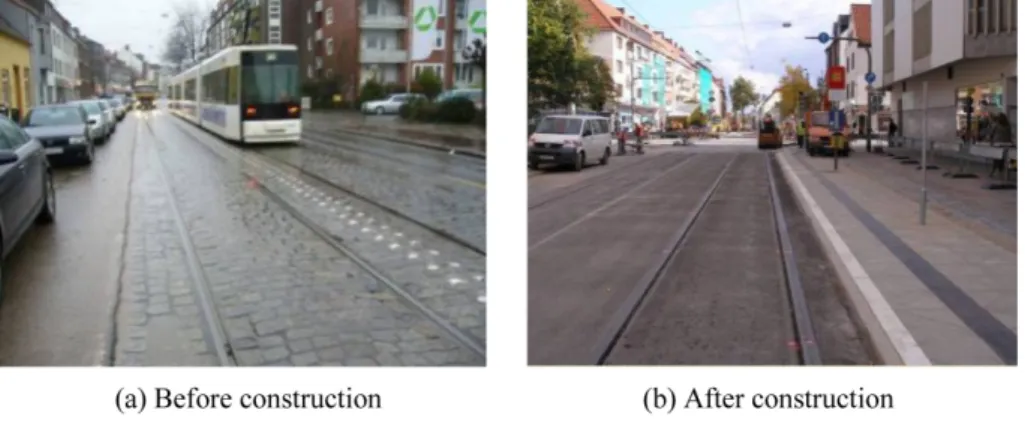 Fig. 1. Comparison of German tramway asphalt pavement before and after its construction [2].