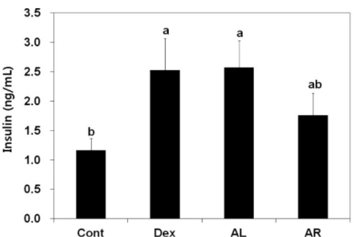 Fig. 6. Photomicrograph showing insulin immunoreactive cells in islets of pancrease of diabetic mice (C57BLKS/J) fed  exper-imental diets supplemented with cornstarch, dextrin, Leaf or root of A
