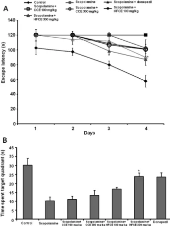 Fig. 1. The effect of high hydrostatic pressure process and fermented C.lanceolata extract (HFCE) and common C.lanceolata extract (CCE) (100 and 300 mg/kg) on escape latency in trial sessions (A) and probe trial (B) on Morris water maze test.
