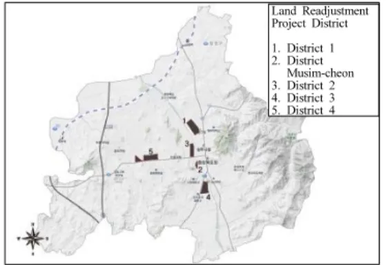 Fig. 3. The Location of Land Readjustment Project Districts  (1962~1980) [7] 청주시는  토지구획정리사업법이  폐지되기  전까지  총  9개  지구의  사업을  완료하였는데  제1~5지구,  무심천지 구,  율량지구,  사창지구,  봉명신봉지구이다