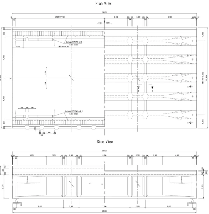 Fig. 1 Plan and side views of double-track railway bridge with five girders