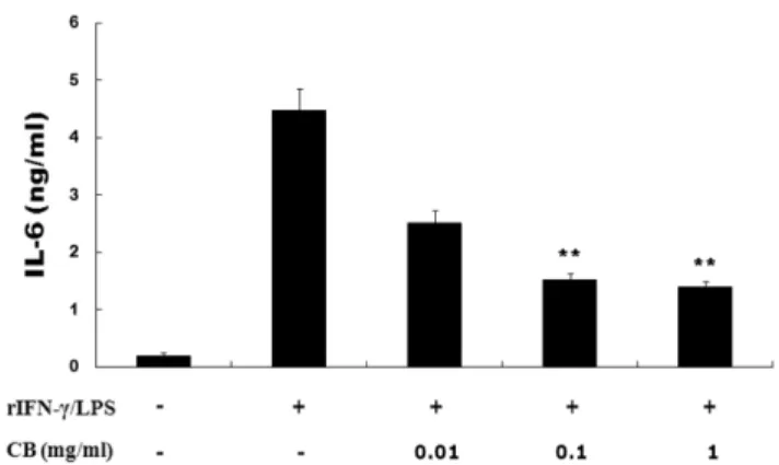 Fig. 4.  Effects of CB on the secretion of IL-6 by rIFN- γ /LPS treated peritoneal macrophages