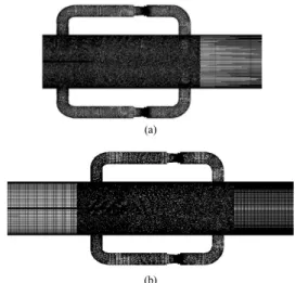 Fig. 2. Generated mesh for CFD analysis at the sections  of frontal view : (a) for Case 1 burner, (b) for  Case2 and Case 3 burner