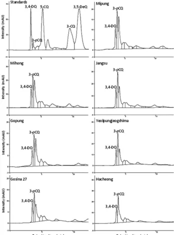 Table I.  Content of the two quinic acid derivatives (mg/g of dried weight) in the MeOH extract of seven cultivars of  L