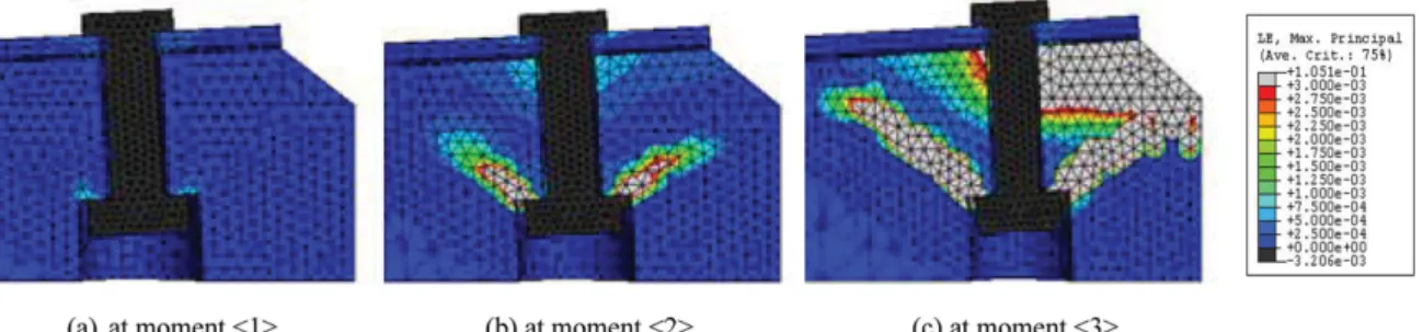Fig. 12 A result of the maximum principal strain obtained from finite element analysis and crack pattern inspected