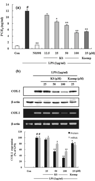 Fig. 5. The effects of KS and kaempferol on LPS-induced TNF- α  release and mRNA expression in RAW 264.7 cells.