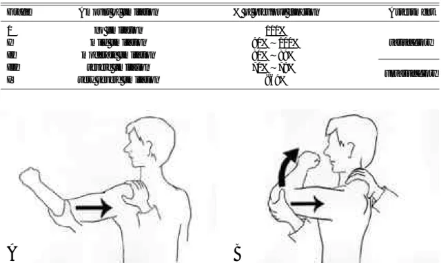 Fig. 1. The jerk test. (A) Axial force is applied on the arm in 90-degree abduction and internal rotation