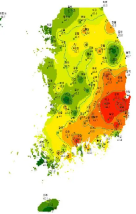 Fig. 10. Contour map of ANN in maximum                    Temperature 5. 결론 콘크리트  슬래브가  있는  강박스시험체의  제작을  통해  2014년, 2015년, 2016년  온도를  측정하고,  이를  바탕으 로  인공신경망을  학습,  검증하여  유효온도를  산출하고  다음과  같은  결론을  도출하였다