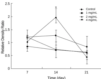 Fig. 9. The expression of RANKL mRNA was significantly increased in high concentration particle group (4 mg/mL) at day 14
