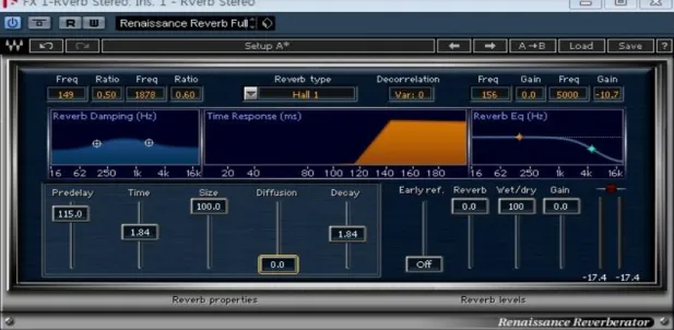 Fig. 5. Wave  Renaissance  Reverb                            m) EQ Controls는  Reverb  인서트  채널에  직접  4Band EQ 이상의  EQ로  인서트해서  사용하는  편이  더 욱더  효과적이고  세밀하기  때문에  거의  사용빈도수가  높 지  않다