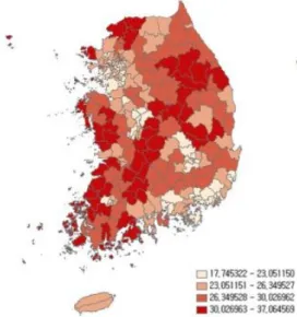 Fig. 2. Regional distribution of metabolic syndrome  prevalence 3.2  대사증후군  유병률의  지역  간 변이 관련  요인의 기초통계 3.2.1 사회구조적 요인에 대한 기초통계 본  연구에서  정의한  대사증후군  유병률의  지역  간  변 이의  관련  요인  변수인  사회구조적  요인에  대한  기초통계 를  파악하기  위해  기술통계를  실시하여  각  변수별  평균값 을  살펴본  결과  사회경제