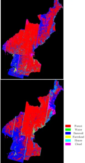 Fig. 4. Image masking results(year of 2006, 2017) 3. 산림 변화 분석 훼손으로  인한  북한의  산림  변화를  분석하기  위해  마 스킹  한  두  시기의  영상을  대상으로  분류항목을  6가지 (산림,  수계,  황무지,  농경지,  주택지,  구름)로  설정하고,  각  항목별  훈련집단(대표지역; training set)을  선정하였 다