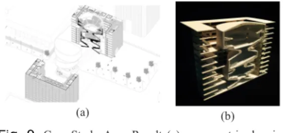 Fig.  8.  Case Study A  –  Process (a) prototype (b)  hyperboloid structure (c) study for material organization of concert hall