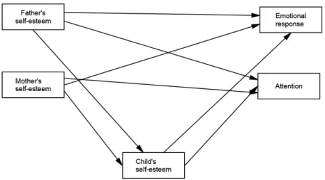 Fig. 1. Research model. 1.2 연구의 목적 본  연구는  부모의  자아존중감이  아동의  자아존중감을  매개로  아동의  정서적  반응과  주의집중에  미치는  영향을  확인하기  위한  연구로,  구체적인  목적은  다음과  같다