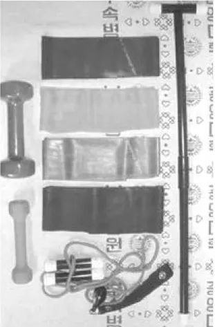 Fig. 3. Simple instruments for stretching, rubber bands of graded resistance and free weight(sometimes) are used in rehabilitation.