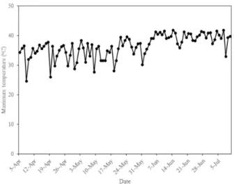 Fig. 4. Maximum air temperature in the greenhouse used for  this experiment from April to July, 2019.
