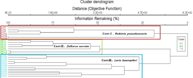 Fig. 2. Cluster dendrogram of the plots based on cluster analysis.  Z Community I: Robina pseudoacacia com.,  Y Community Ⅱ: 