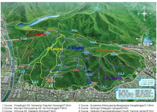 Fig. 1. The map of Apsan park and investigation routes.