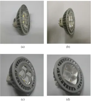 Fig. 9.  Photos of assembled MR-16 lamps with angular  distributions of luminous intensity of (a) 20°, (b)  30°, (c) 40°, and (d) 60°