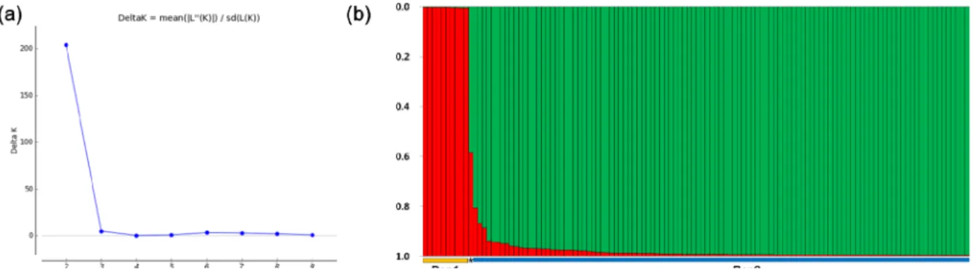 Fig. 2. Genetic grouping of 131  E. senticosus accessions (a) Clustering analysis using unweighted pair group method with arithmetic  mean (UPGMA) and (b) principal coordinate analysis