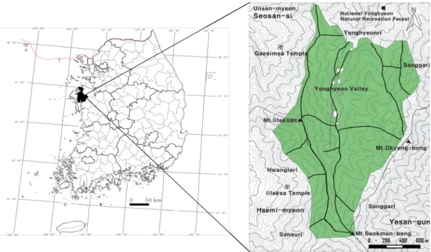 Fig. 1. Location of investigated area and survey routes in this study. (   Protected area for Forest genetic resource conservation,   Survey route)