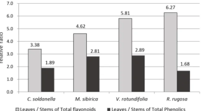 Fig. 1. Relative ratio of leaves/stems on the amount of total  phenolics and flavonoids of the four sand dune plants.