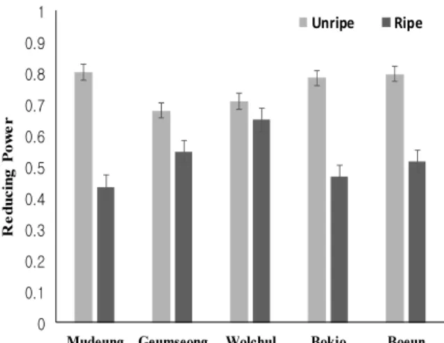 Fig. 1. Reducing power of the ethanol extract from the unripe  and ripe jujube cultivar (The concentration of extract was 1,000 