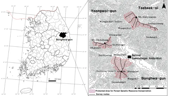 Fig. 1. Location of investigated area and survey routes in this study.는 신갈나무군락이 분포하고 있으며, 능선부와 사면 중· 하부에는 금강소나무군락이 우점하고 있다