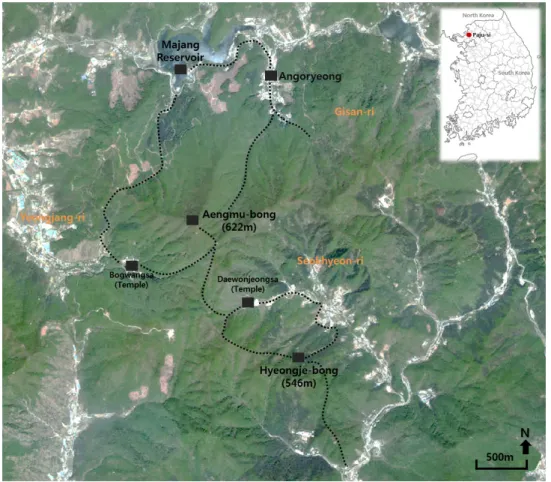 Fig. 1. The map of the surveyed area in Mt. Goryeong and Gaemyeong.