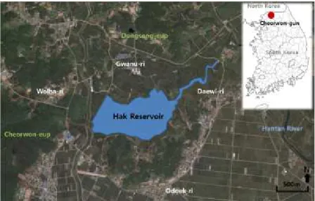 Fig. 1. The map of the surveyed area in Hak Reservoir.저수지(Oh et al., 2014), 고창 궁산저수지(Oh et al., 2011), 경산시 저수지(Sung et al., 2014) 등이 이루어졌다
