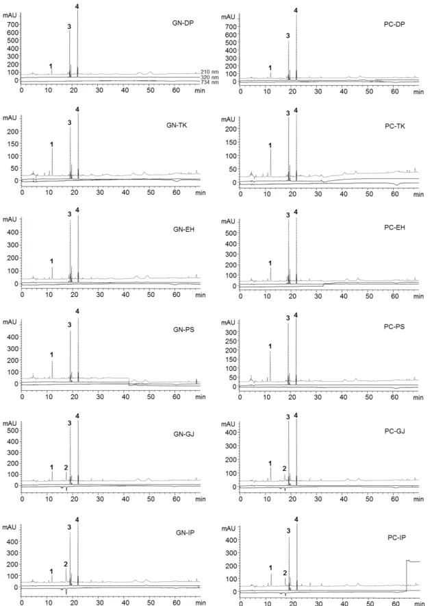 Fig. 4. On-line HPLC-ABTS+ analysis of soybean extract. Ten milliliters were analyzed by gradient reverse-phase HPLC with a  DAD at 210 ㎚ (positive trace, dotted line) and 320 ㎚ (positive trace, solid line) prior to reaction with the ABTS +  radical and th