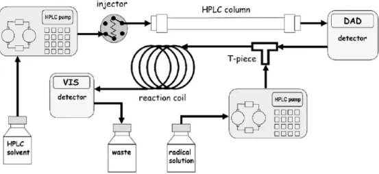 Fig. 1. Instumental set-up for the on-line HPLC-DPPH/ABTS detection of radical scavenging compounds.