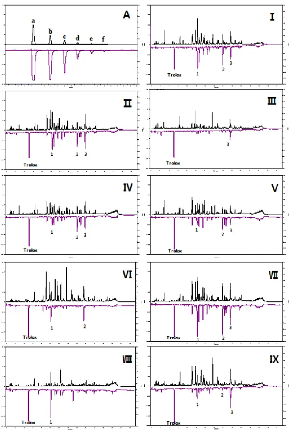 Fig. 6. Combined plot of the UV and ABTS quenching profiles of different concentrations of Trolox (A); (a)1.25, (b)0.63, (c)0.31,  (d)0.16, (e)0.08, (f)0.04 mM and nine extracts of different origin containing trolox of 0.31 mM (Ⅰ-Ⅸ) (Ⅰ: Monggo shingang, Ⅱ: