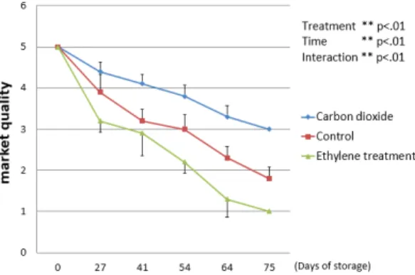 Fig. 8.  Internal appearance of red kiwifruit affected by  high carbon dioxide and ethylene treatment during cold storage.