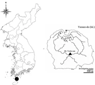 Fig. 1. A map of the surveyed routes in this study. 따라서 본 연구에서는 완도군내 부속도서 중 여서도지역의 증거표본 확보와 이에 따른 관속식물상 목록 작성에 목적이 있다