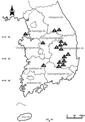 Fig. 1. Map of studied areas (1. Incheon-si Bijobong, 2. 